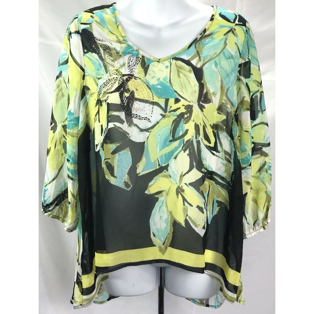 NWT Energe Flowy top L green/blk Cut away back V-neck 1/2 Sleeve asymmetrical